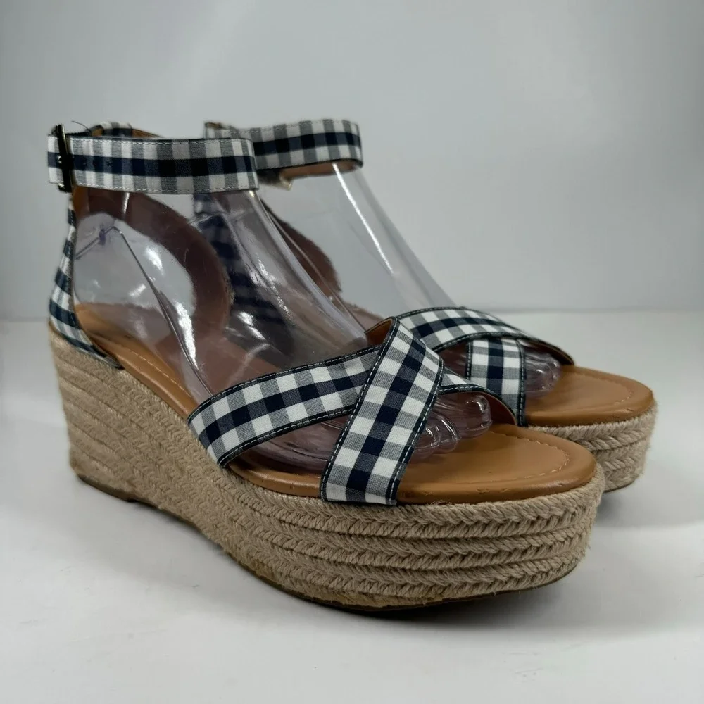 J.Crew Women's US 8.5 Navy Blue Gingham Flatform Espadrille Wedge Sandals L4669